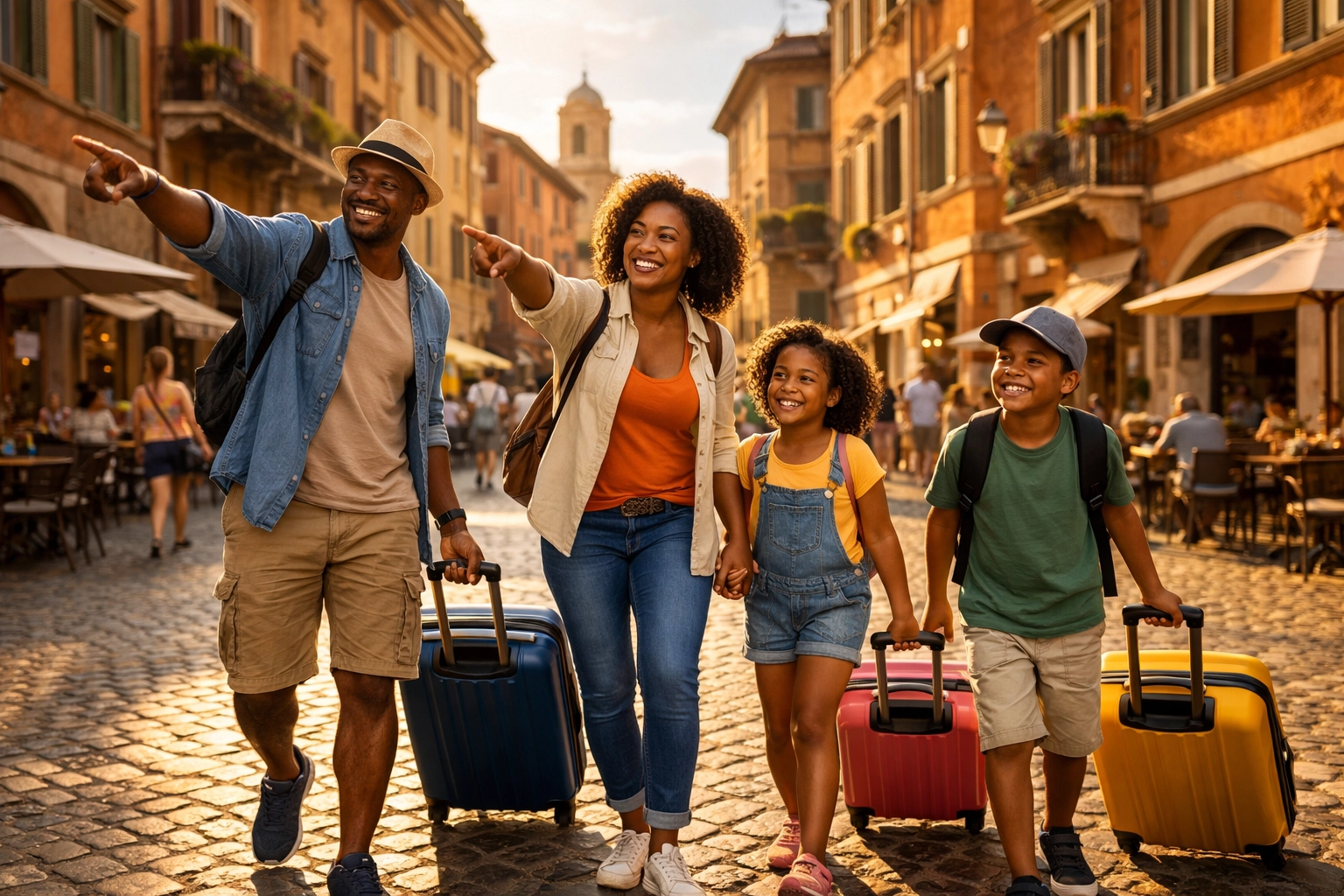 Family with luggage exploring European cobblestone streets on international vacation