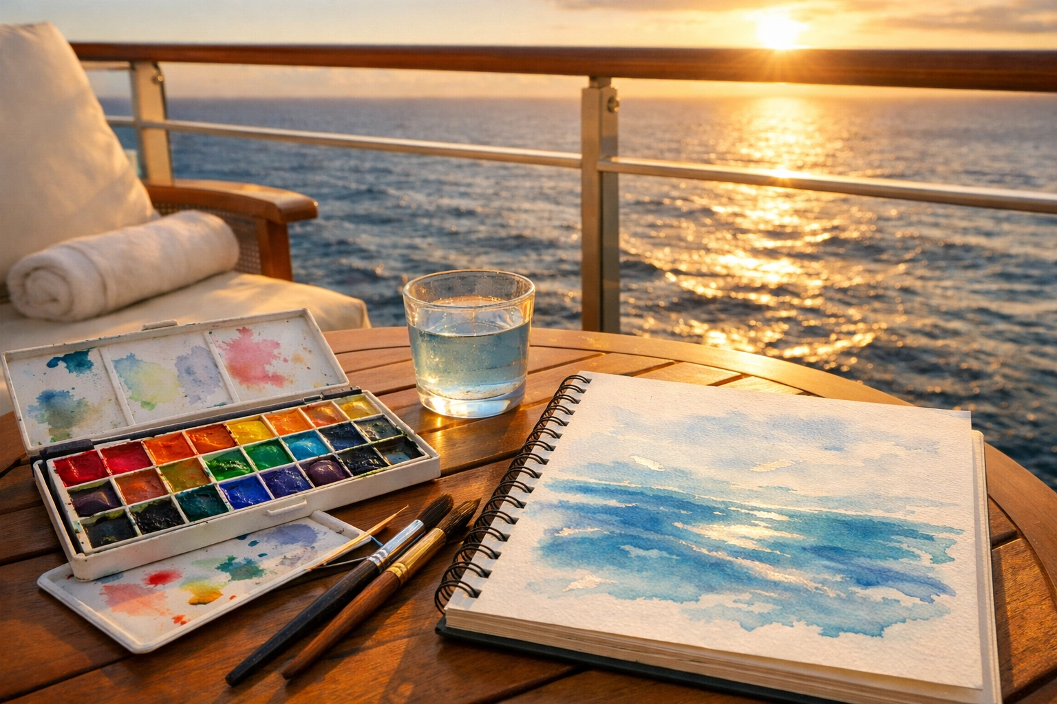 Watercolor palette and brushes on a cruise ship balcony with ocean views
