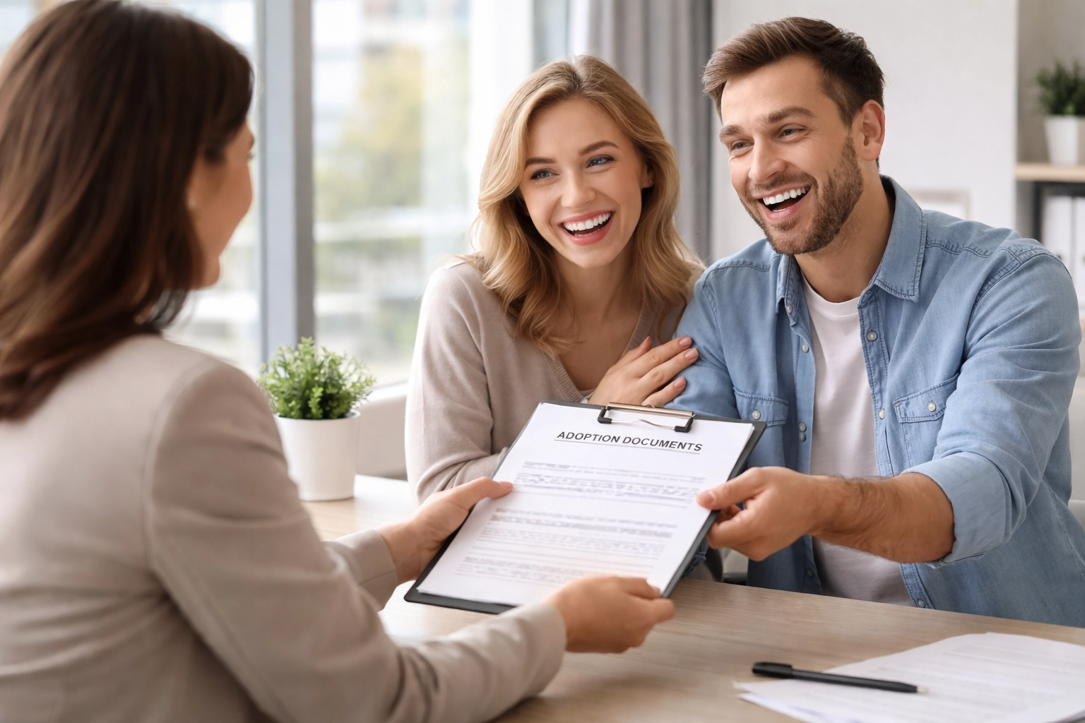 Social worker hands adoption paperwork to new parents, highlighting official adoption process and eligibility.