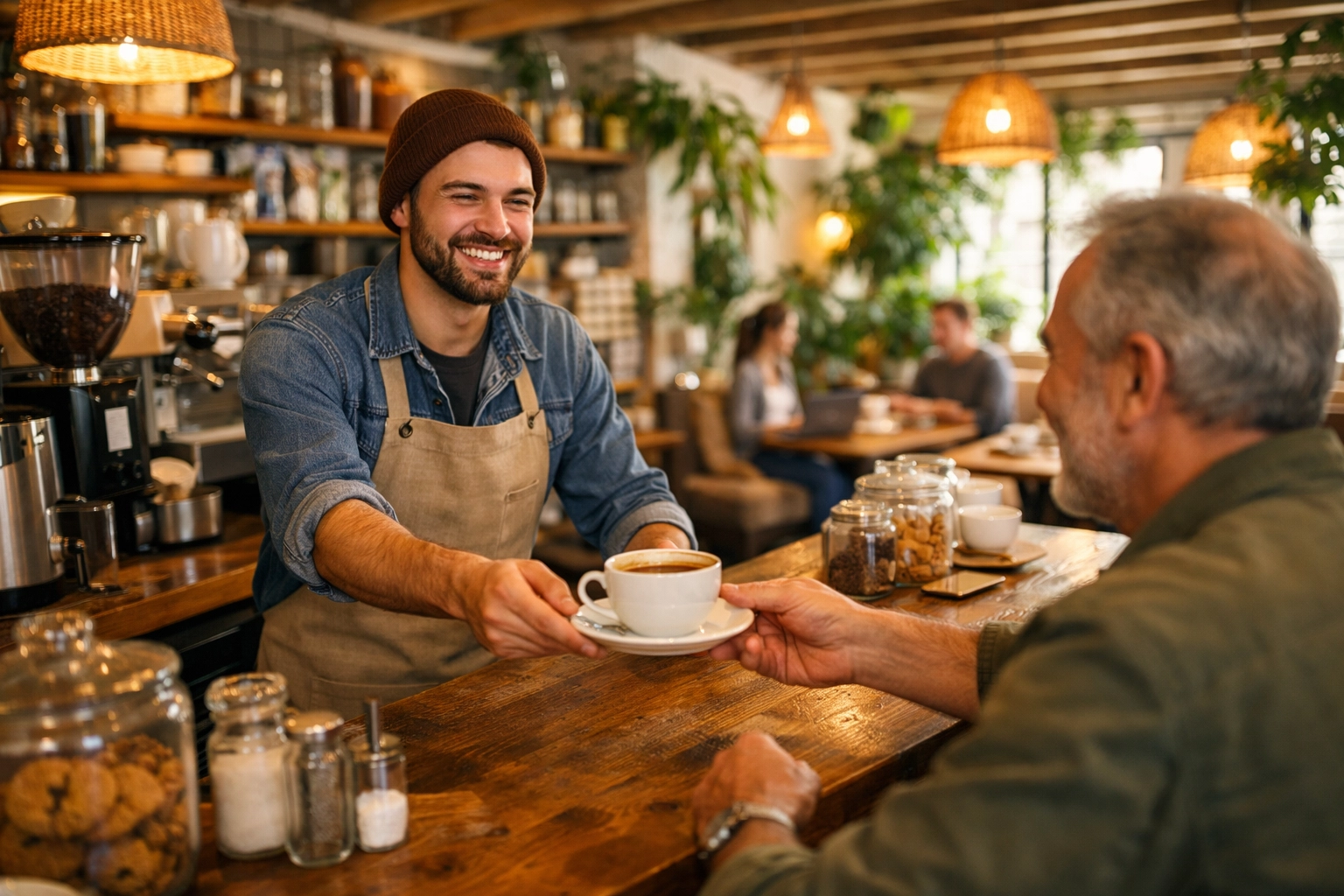 A warm, busy coffee shop interior where a barista serves a fresh cup of coffee to a happy customer.