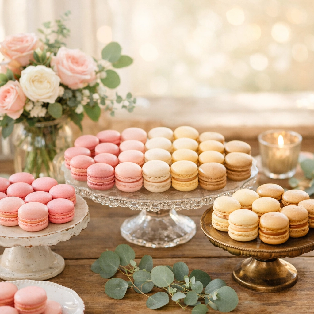 Wedding dessert table featuring colorful macarons arranged by color with roses and elegant styling