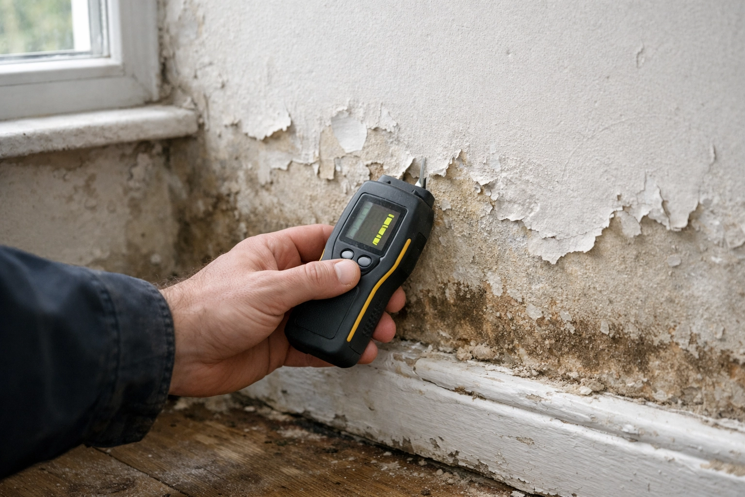 Damp inspection on-site: surveyor moisture meter against internal wall showing tide marks and peeling paint