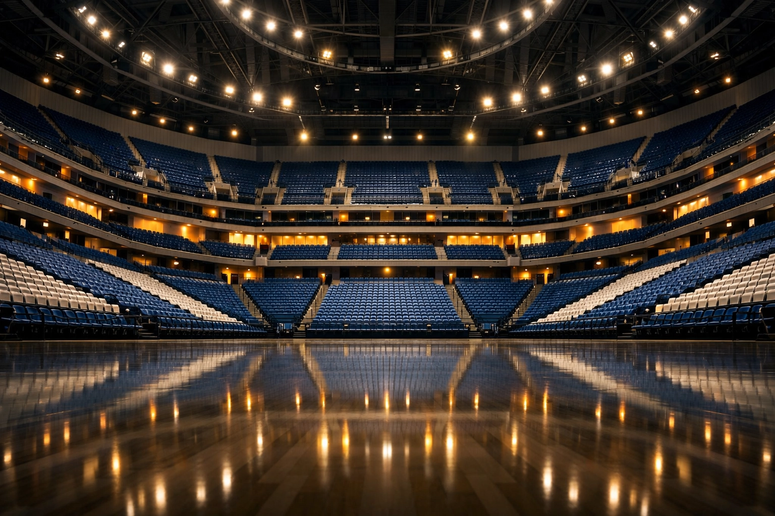 Pristine blue and white seating in a large, professionally cleaned sports arena in Lowell.