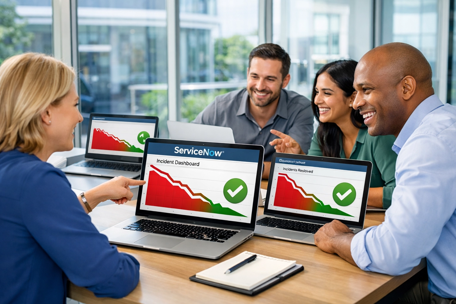 IT operations team reviewing ServiceNow dashboards showing MTTR reduction and declining P1 incidents