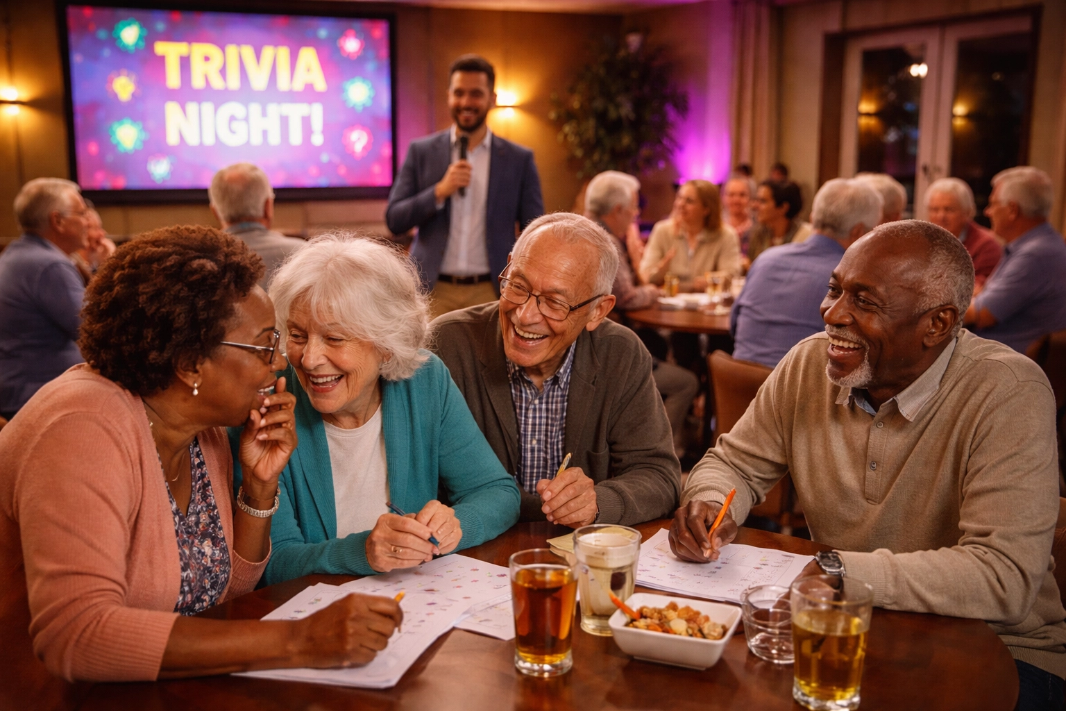 Senior residents enjoying an engaging trivia night with a professional DJ host in a lively community room.