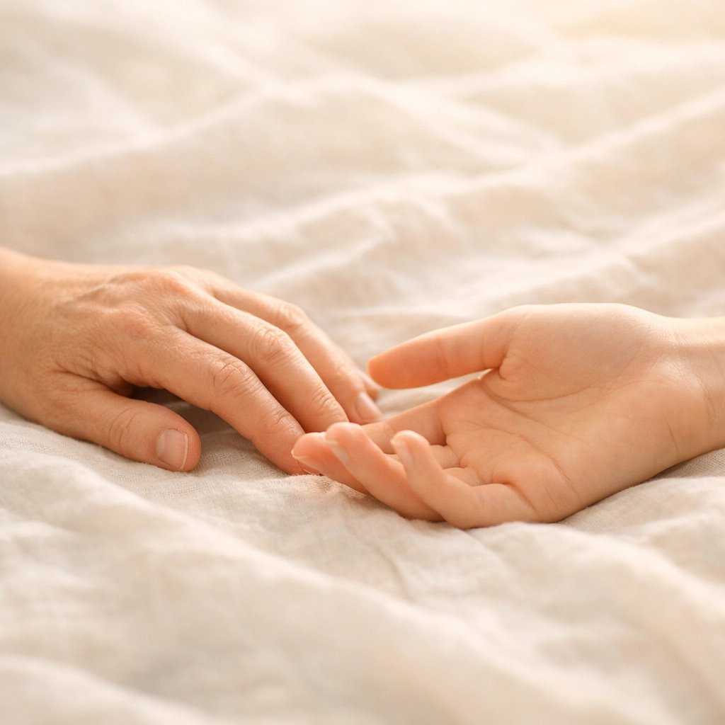 Egymáshoz közeli kezek az ágyon, a szexuális magabiztosság és az intim érintés visszanyerése.