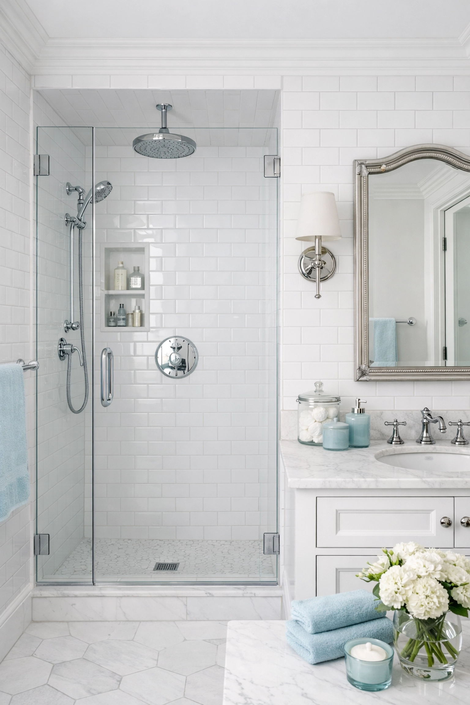 A spotless bathroom in a Boston brownstone following a professional move-out cleaning service for apartment turnover.