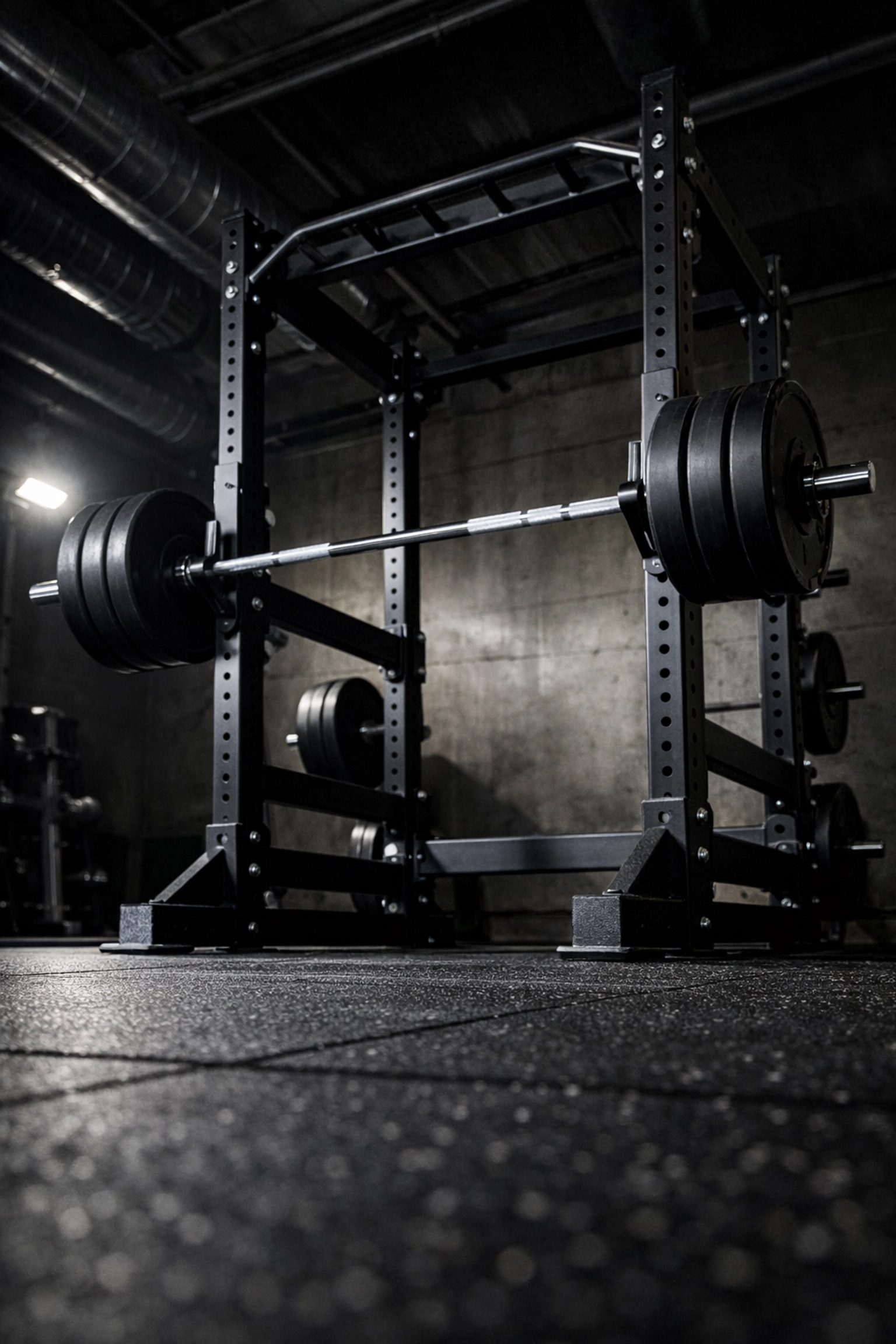 Professional squat rack and Olympic barbell with bumper plates in a high-intensity CrossFit home gym setup.