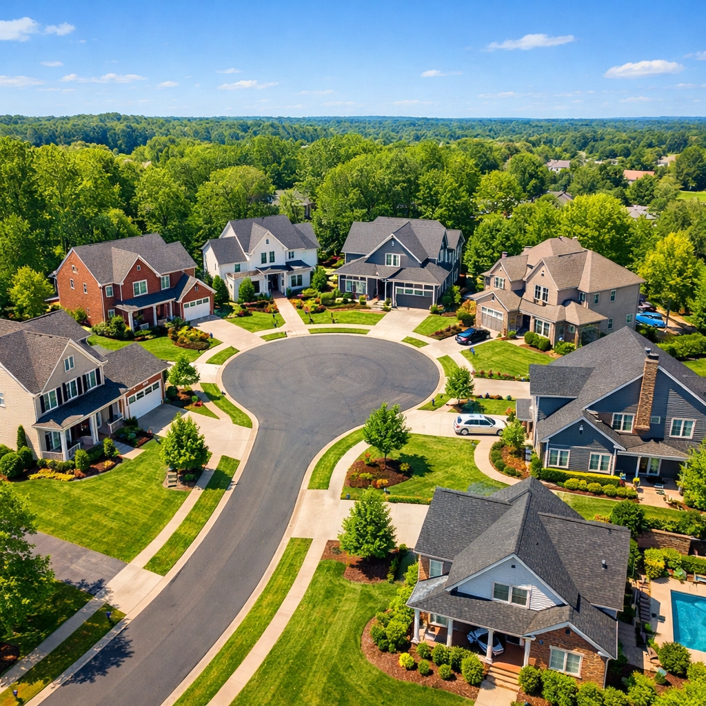Aerial drone view of a lush suburban neighborhood in Greensboro showing Triad real estate growth.