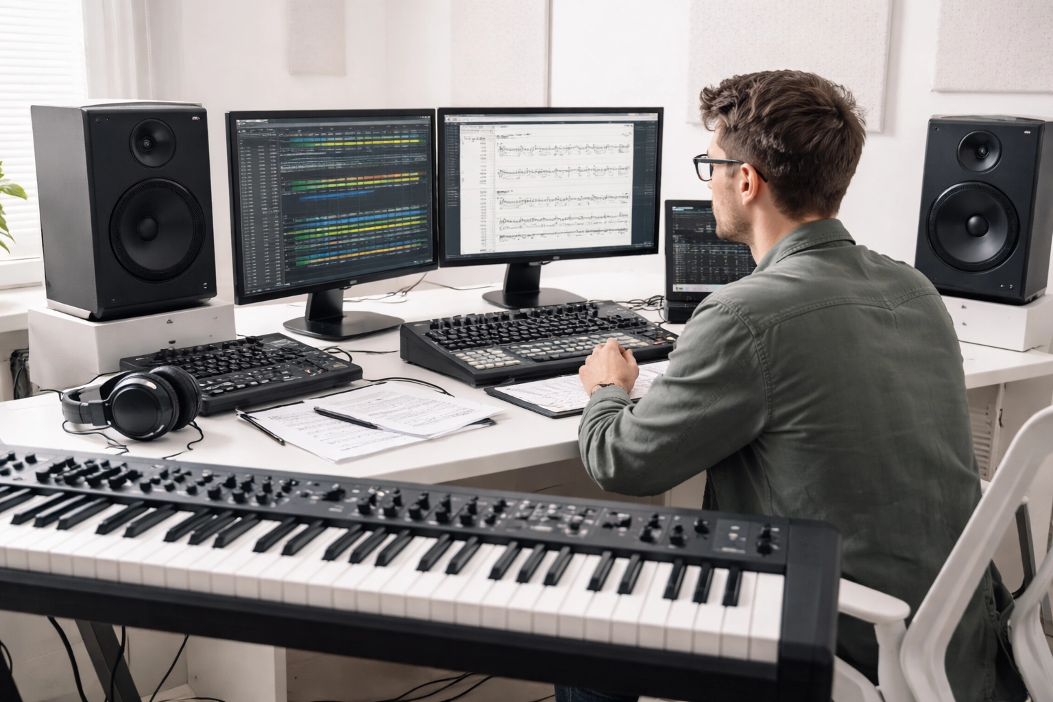Composer at digital audio workstation editing music, showcasing AI-assisted arrangement tools