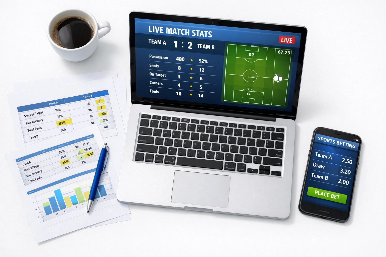 Sportwetten-Analyst Arbeitsplatz mit Live-Statistiken und Wettquoten-Daten