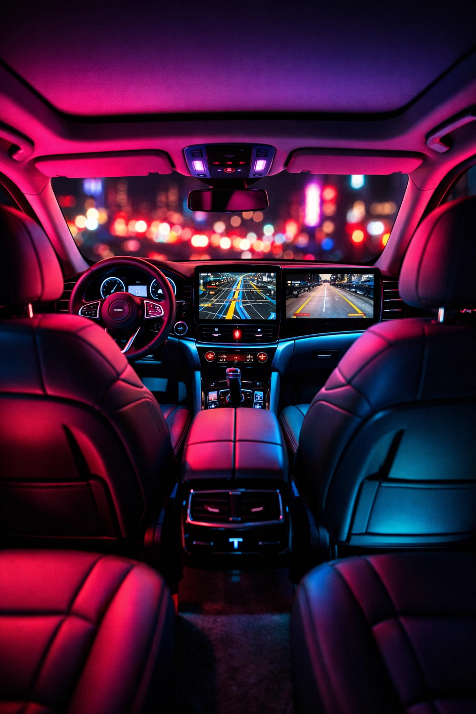 Luxury car interior with navigation system and custom ambient lighting installation