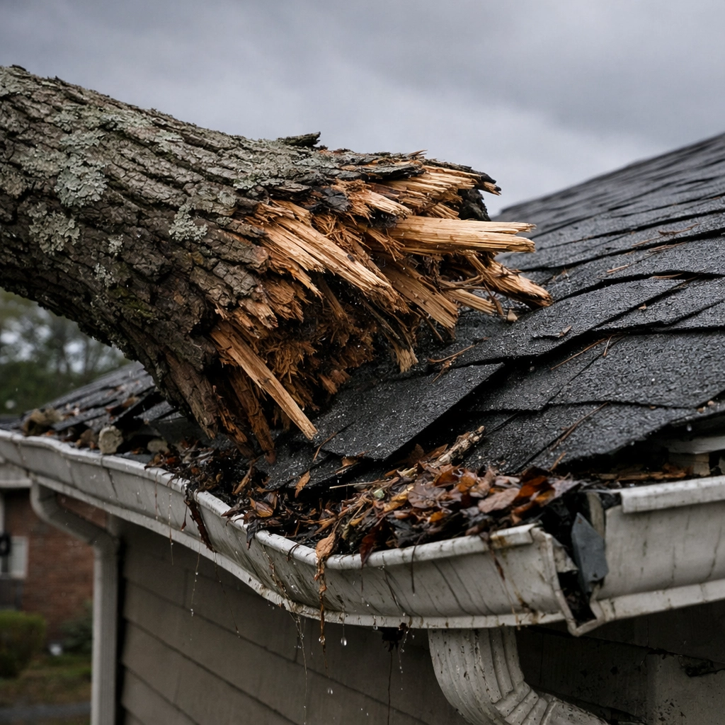 Fallen oak tree limb resting on a damaged residential roof needing storm damage repair in Tuscaloosa.