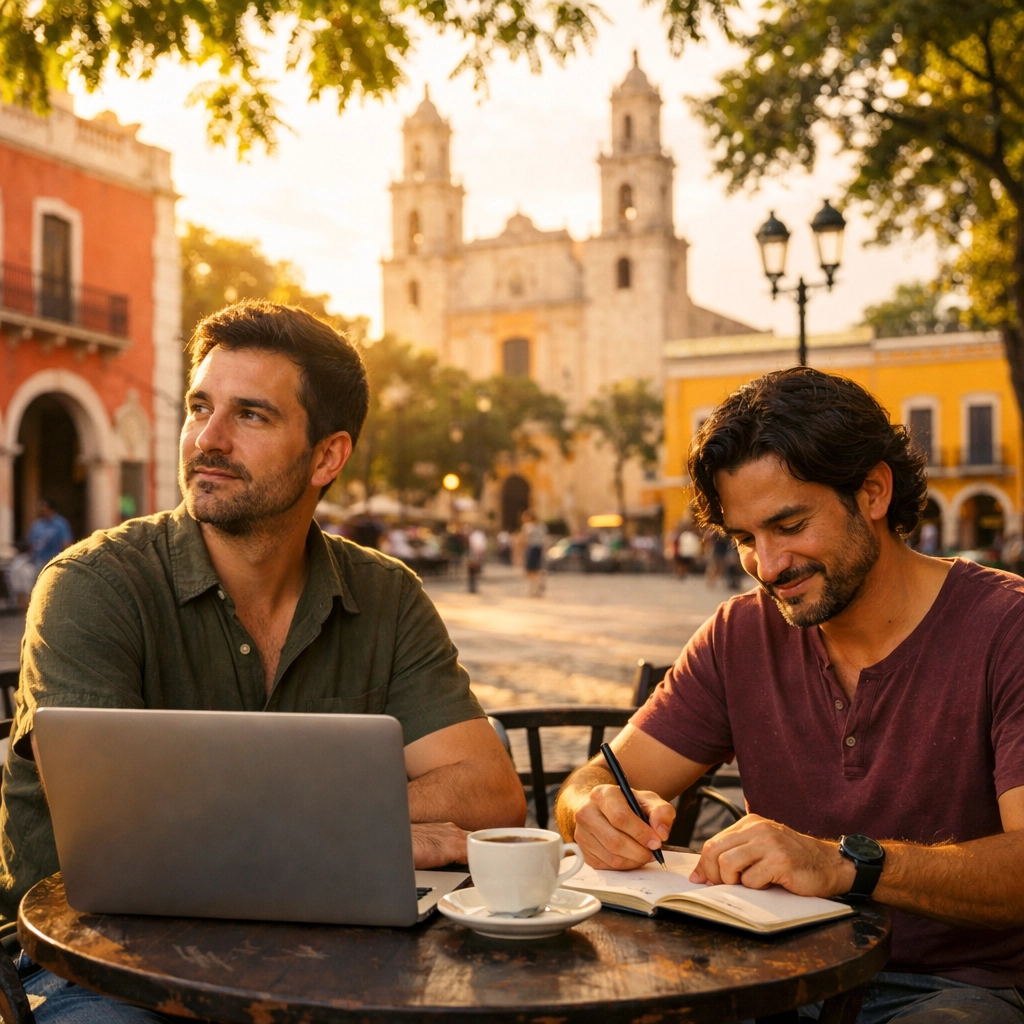 Gay couple connecting at outdoor café in Mérida's Plaza Grande, Mexico
