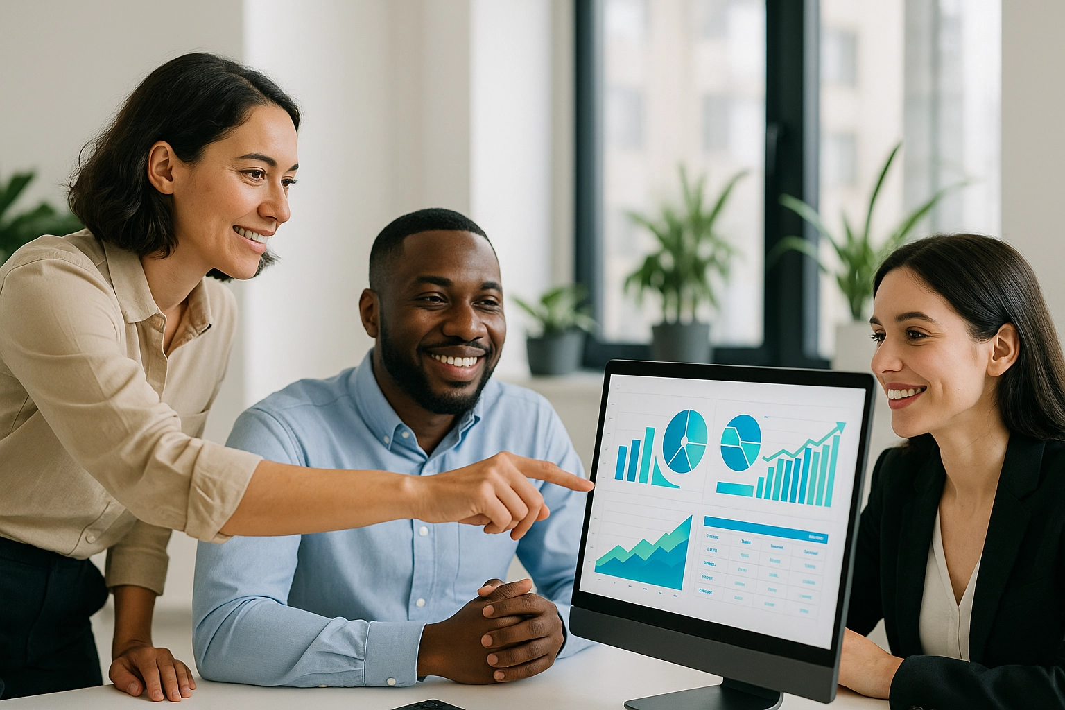 A diverse group of three business professionals smiling while reviewing financial growth charts and data visualizations on a computer monitor in a bright office.