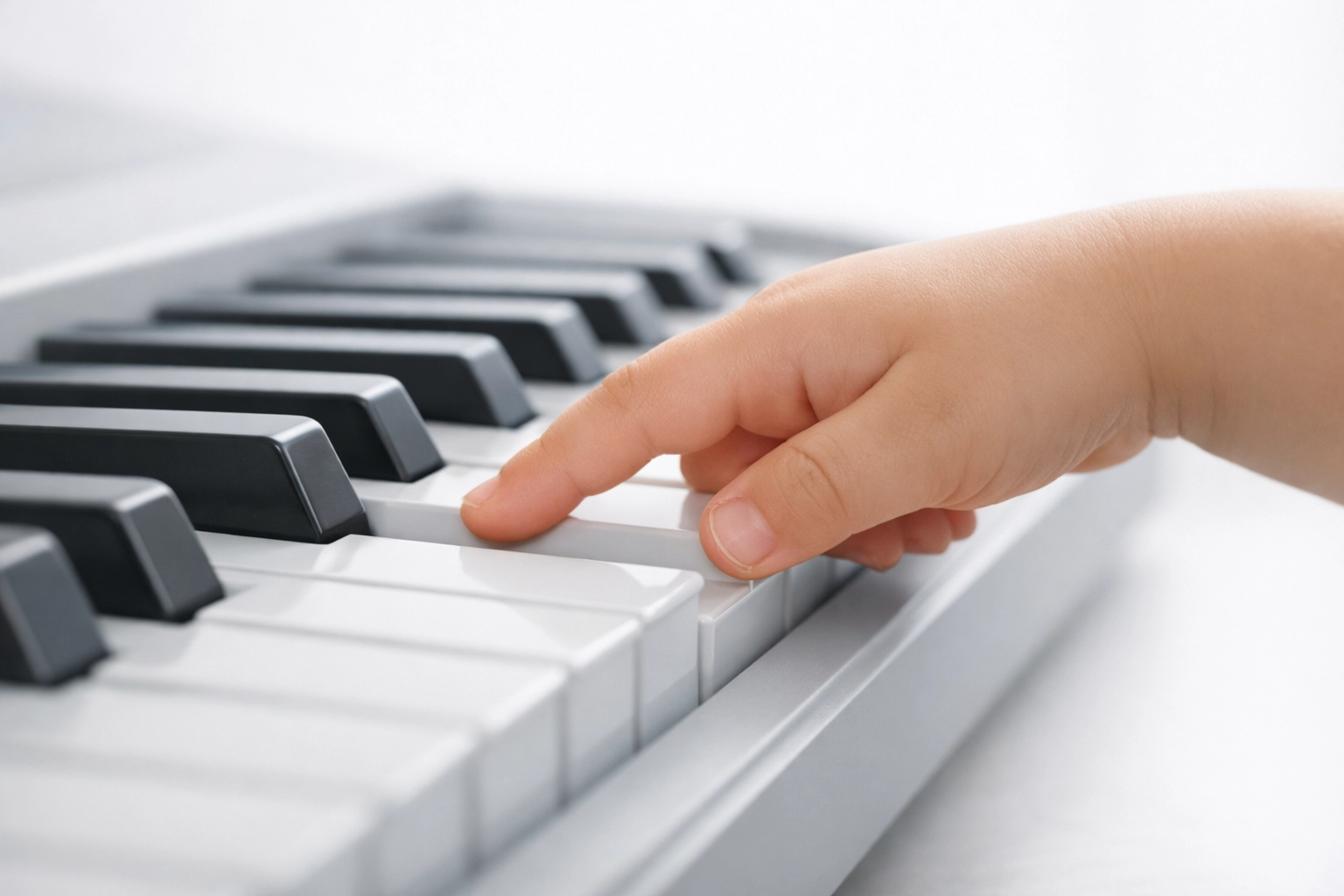 Child's hand playing piano keys demonstrating touch sensitivity on beginner keyboard