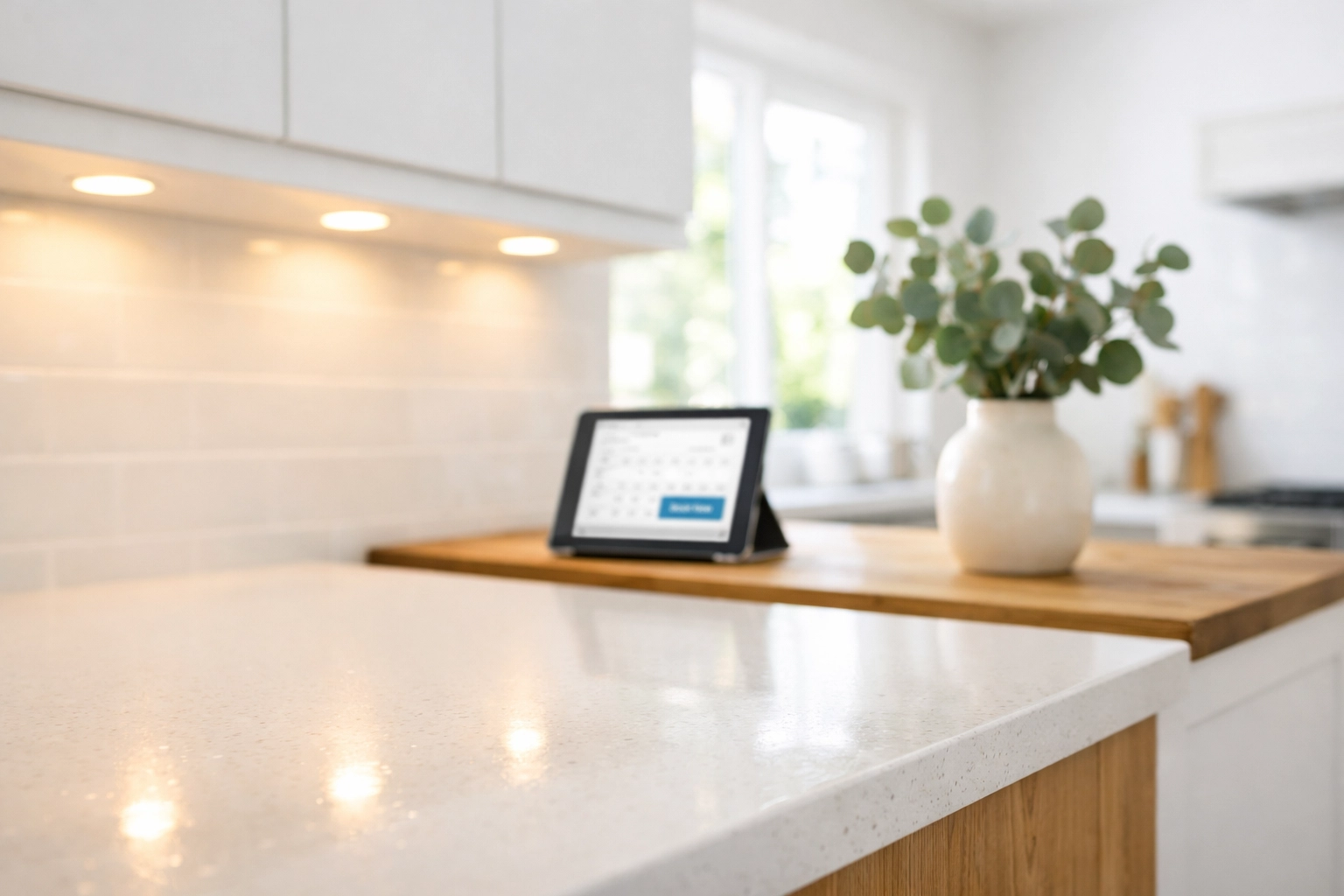 Modern kitchen with under-cabinet LED lighting installed by Downeast Electrical Services.