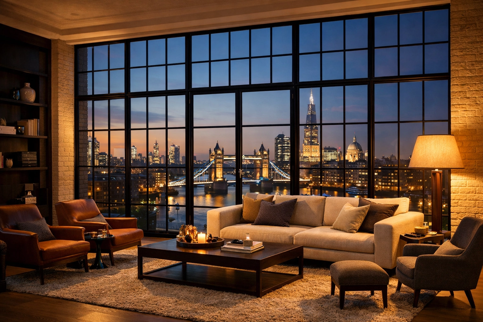 Energy-efficient London living room with modern secondary glazing on classic Art Deco Crittall windows.