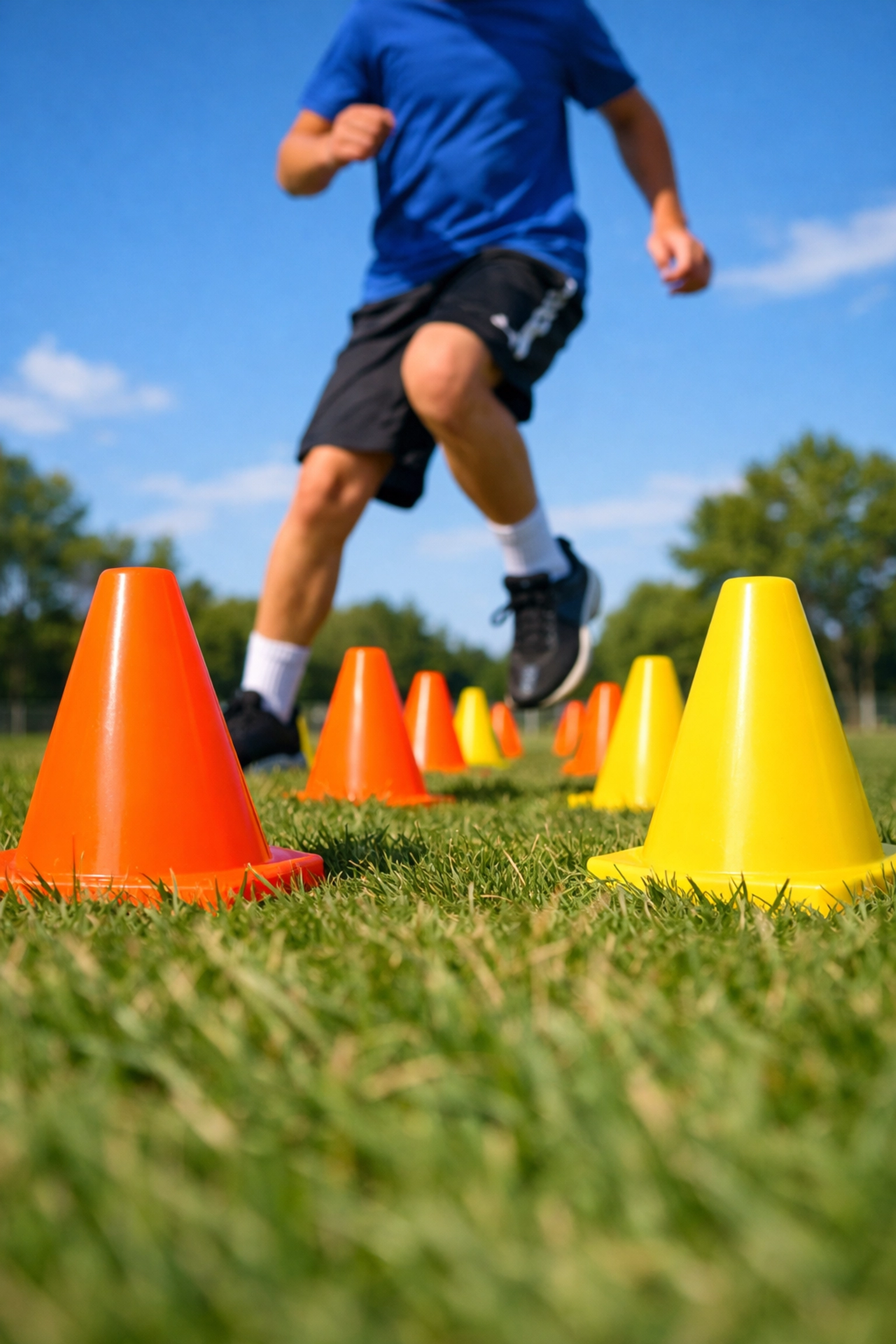 Youth athlete running through training cone drill pattern on grass field during practice