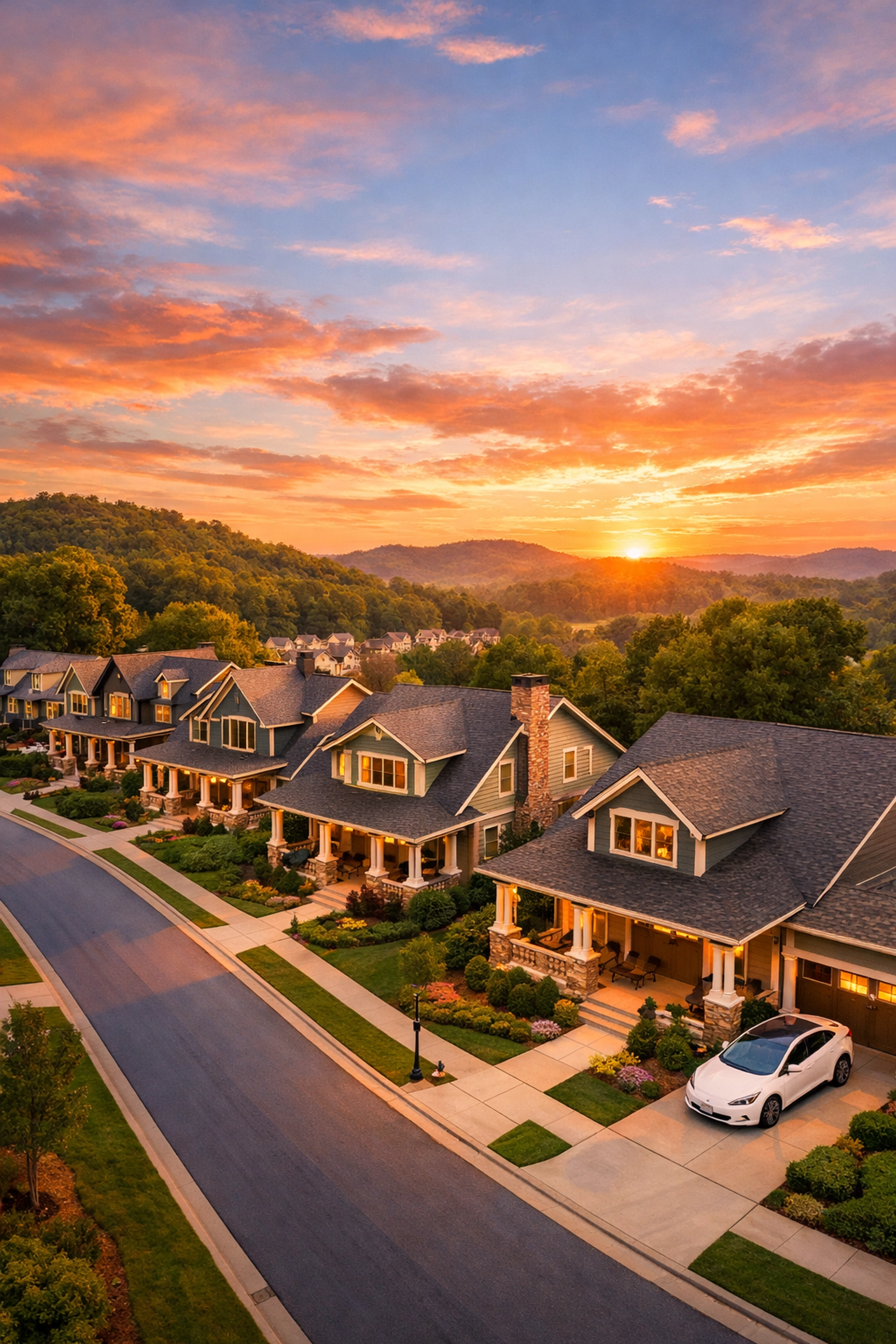 Aerial view of a picturesque Northeast Georgia suburban neighborhood featuring modern craftsman homes at sunset. Aerial view of a picturesque Northeast Georgia suburban neighborhood featuring modern craftsman homes at sunset.