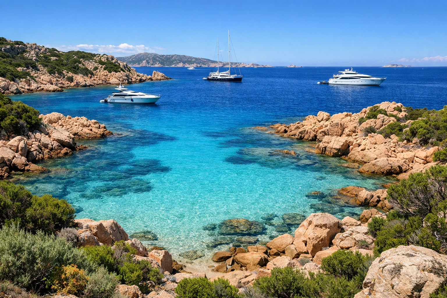 Costa Smeralda coastline with turquoise coves and luxury yachts in Sardinia