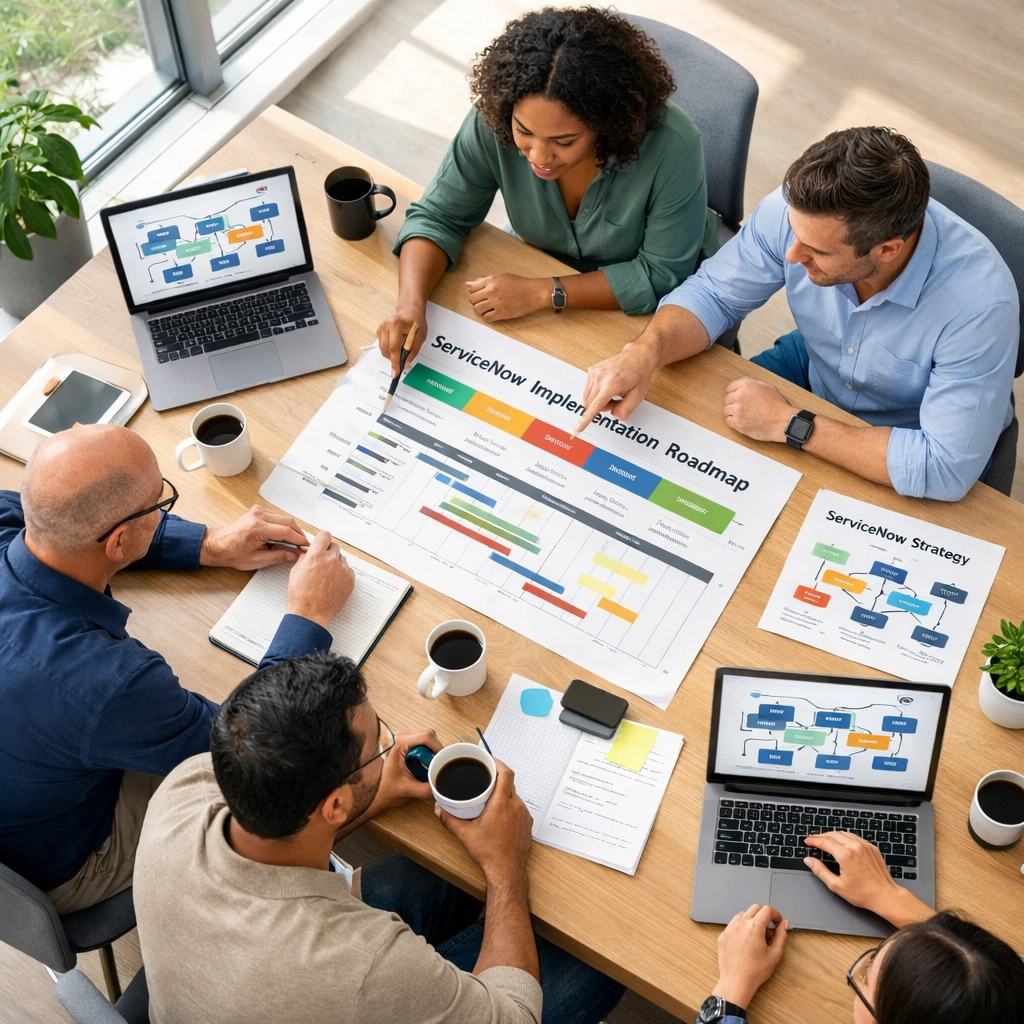 IT professionals collaborating on ServiceNow implementation roadmap in modern office setting