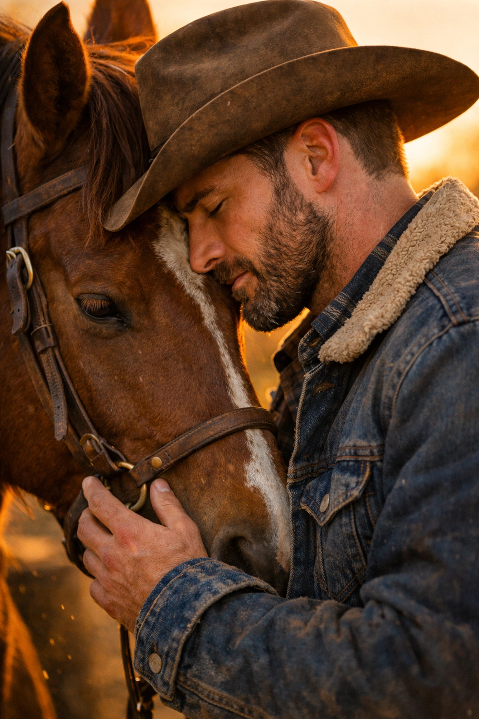 Bearded gay rancher in a Stetson leans against his horse at sunset, capturing the heart of ranch-set MM romance books.
