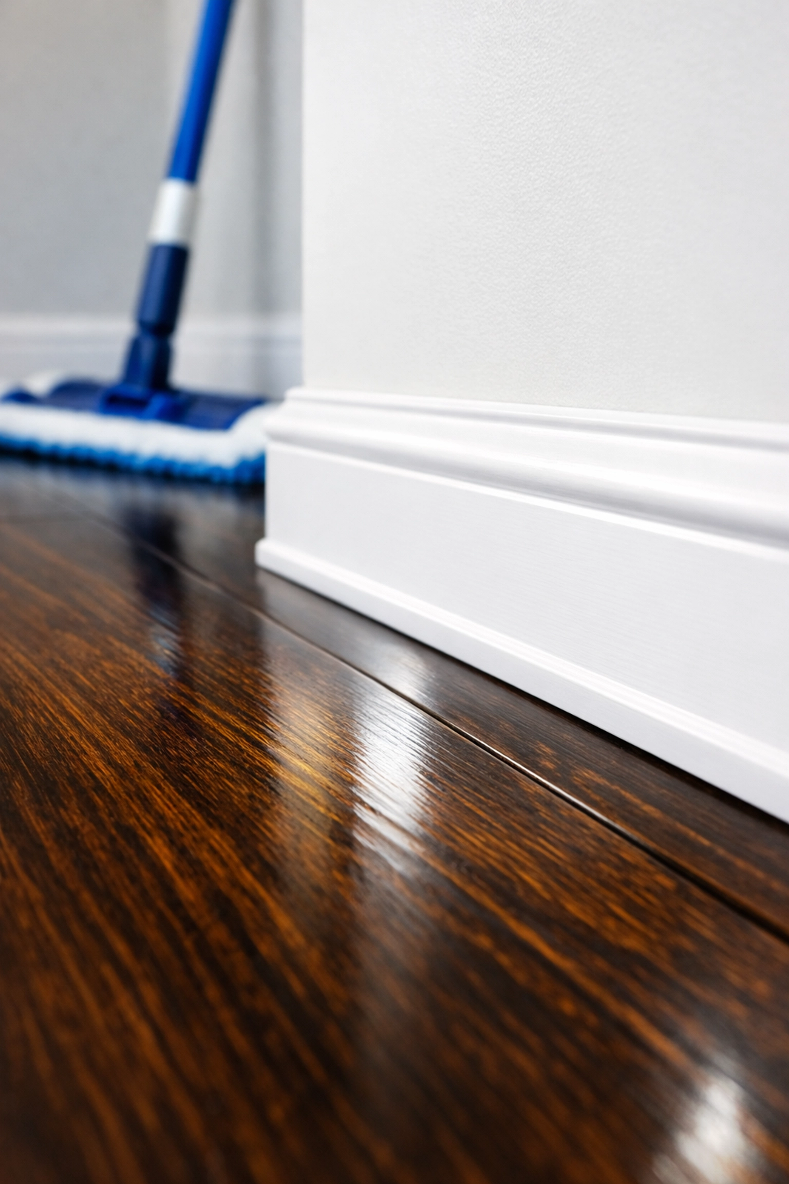 Detailed shot of clean baseboards and polished wood floors from a professional move-out cleaning Worcester MA.