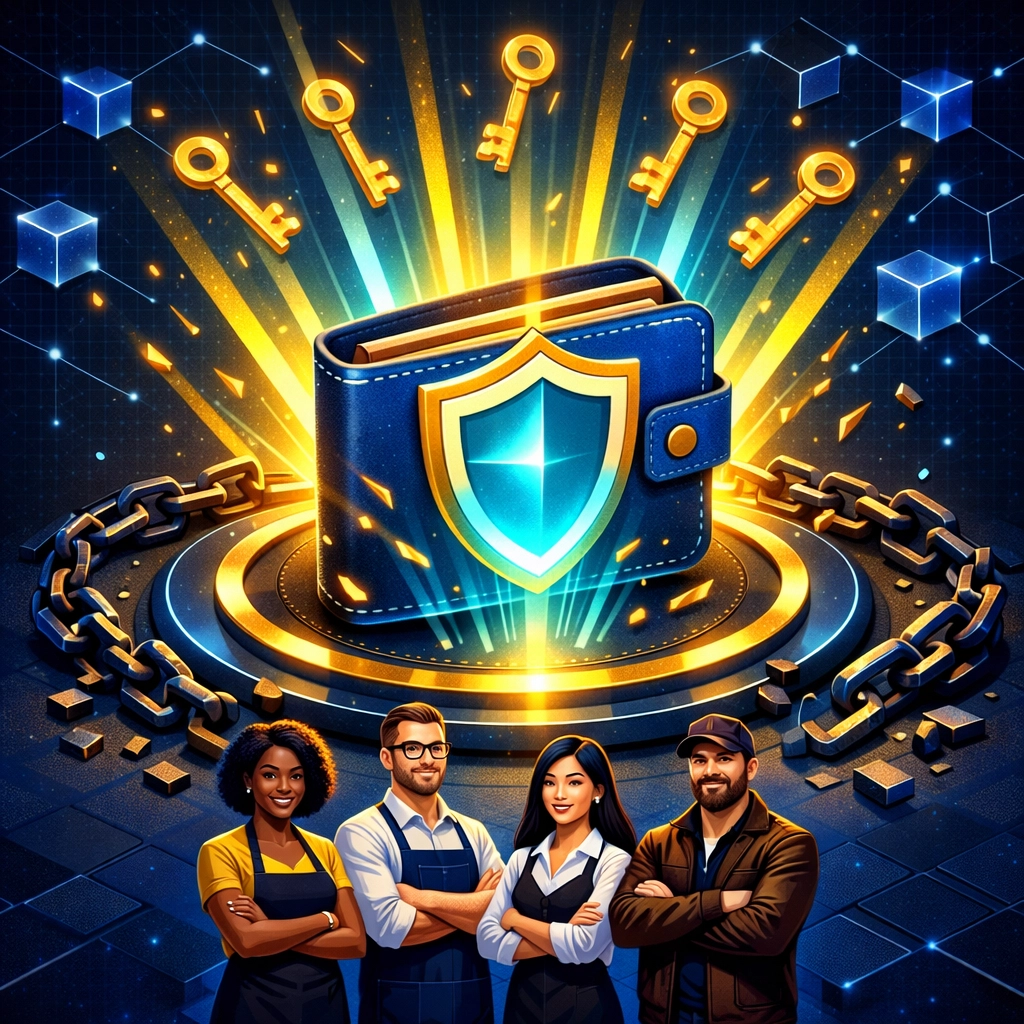 Self-custody digital wallet with security shield representing merchant financial freedom