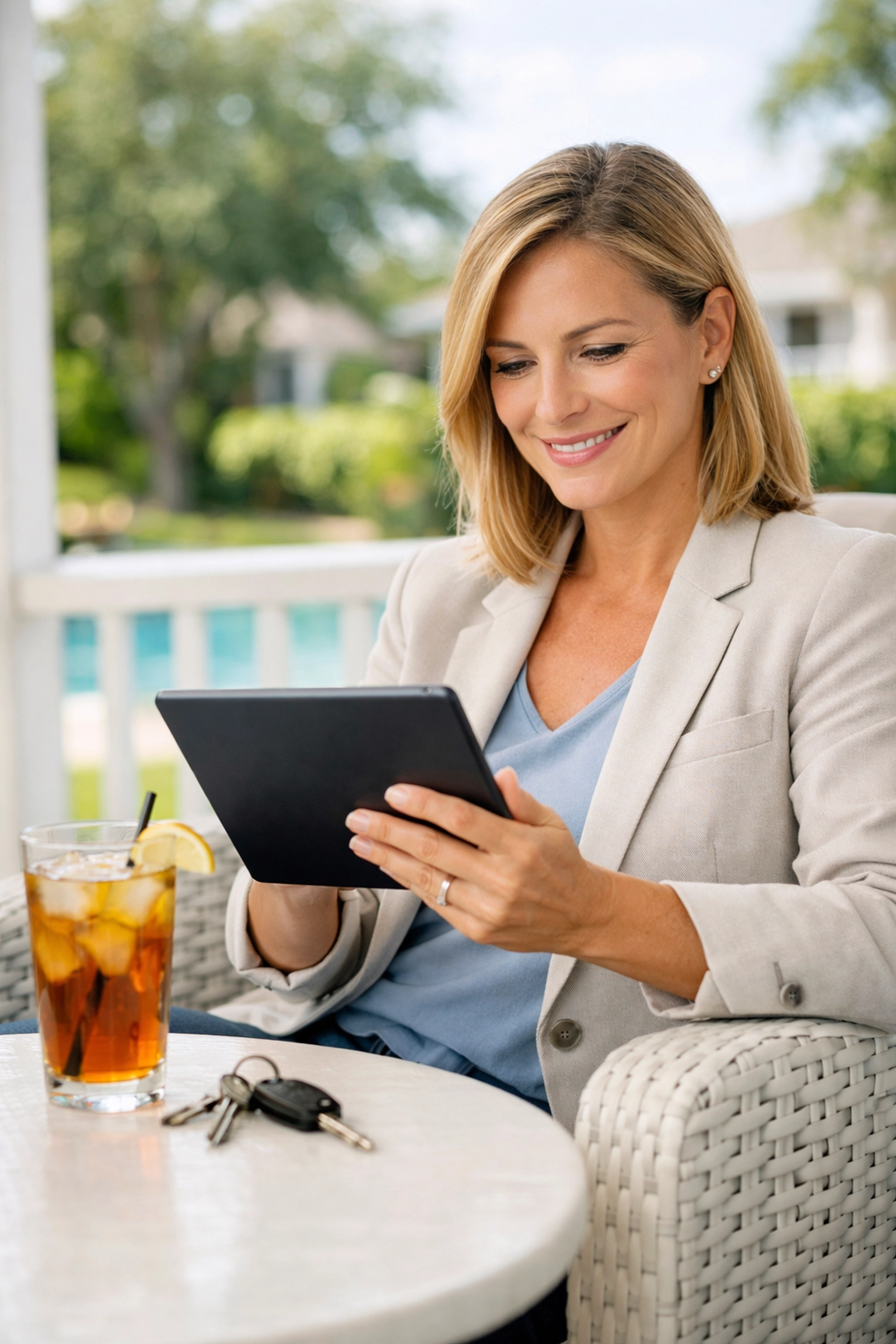 Real estate investor researching property trends on a sun-drenched Cape Coral patio.