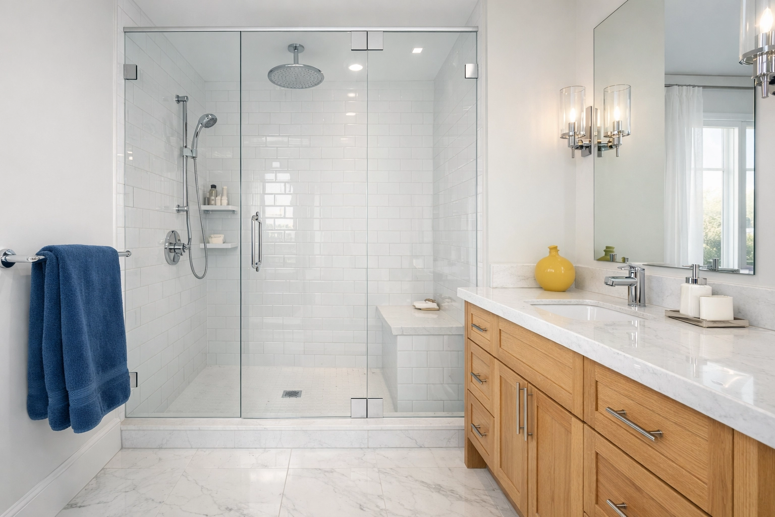 Spotless luxury bathroom with clean glass and white tiles after a professional deep cleaning in Marblehead.