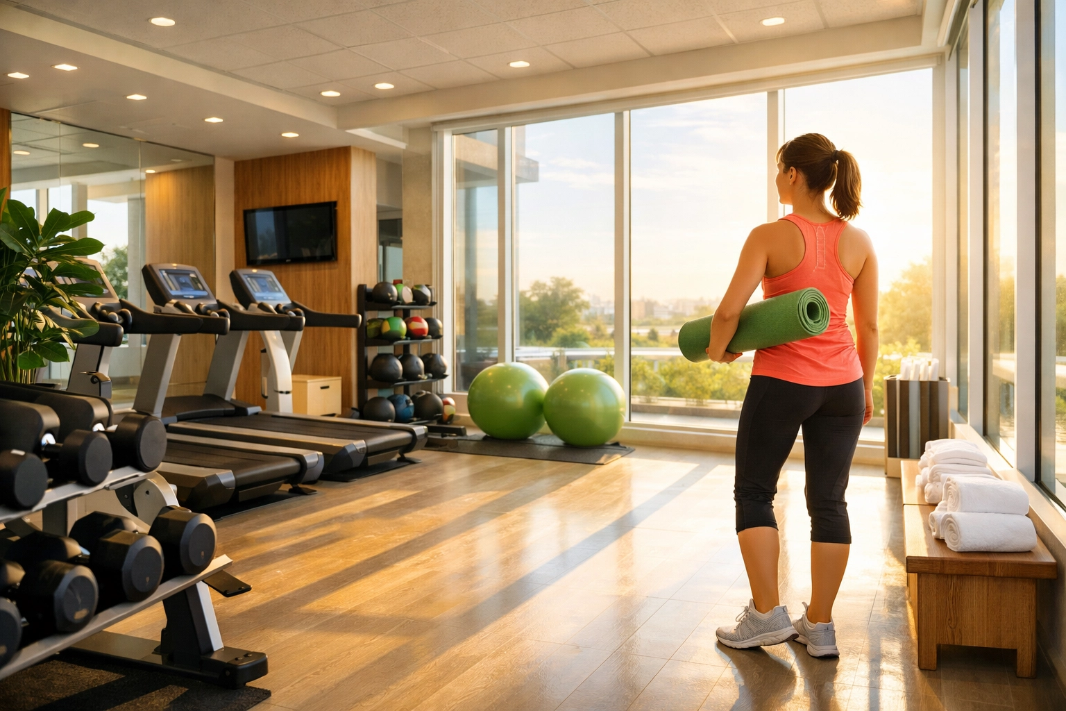 Hotel fitness center guest with yoga mat using voice AI for wellness booking and upsells