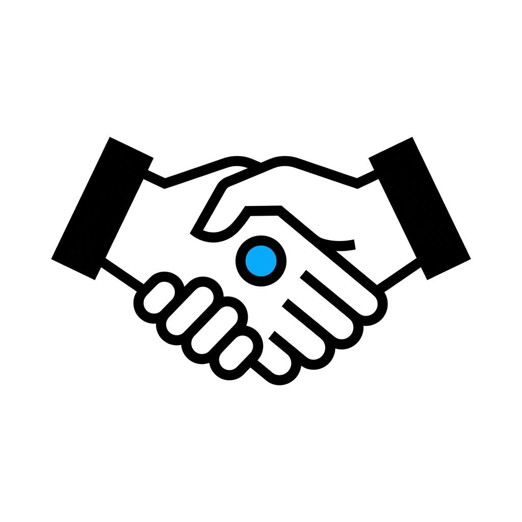 Two hands shaking in a minimalist, iconographic style, representing the collaborative dialogue between the artist and the client in the studio.