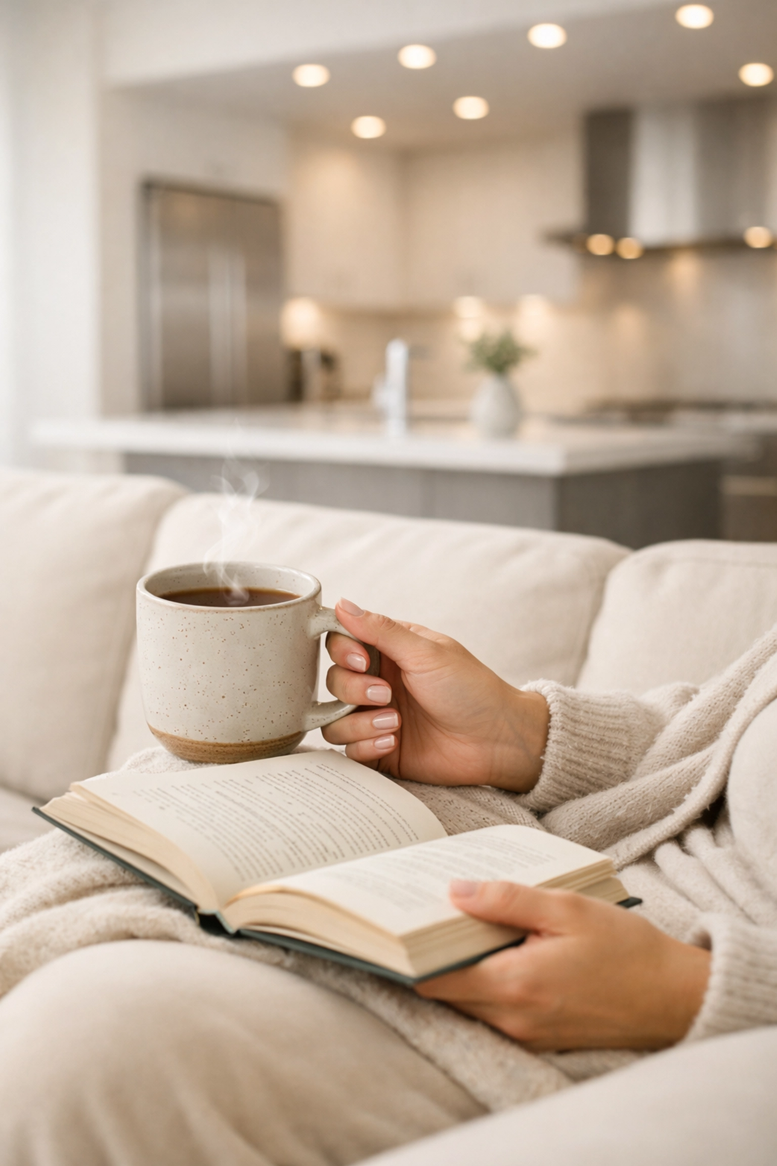 A homeowner relaxing in a clean house after a professional bi-weekly cleaning service visit.