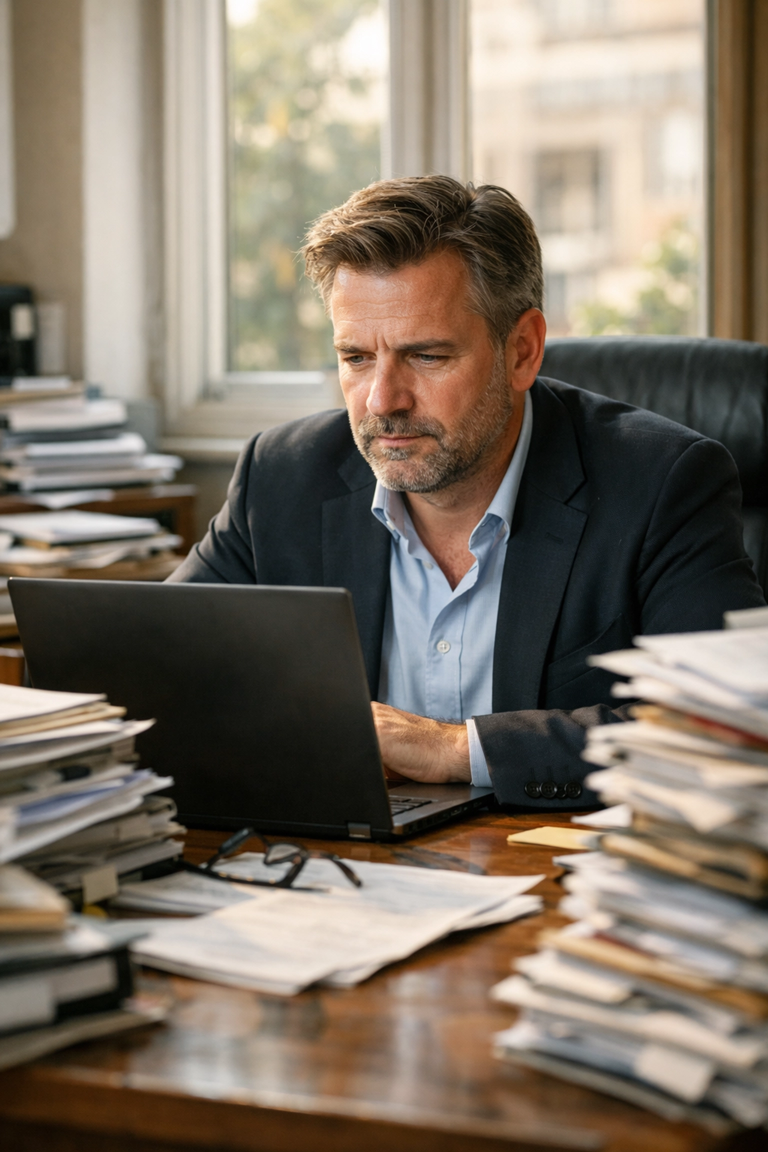 Unternehmer am Schreibtisch mit Papierstapeln als Symbol für manuelle Prozesse vor der Workflow Automatisierung