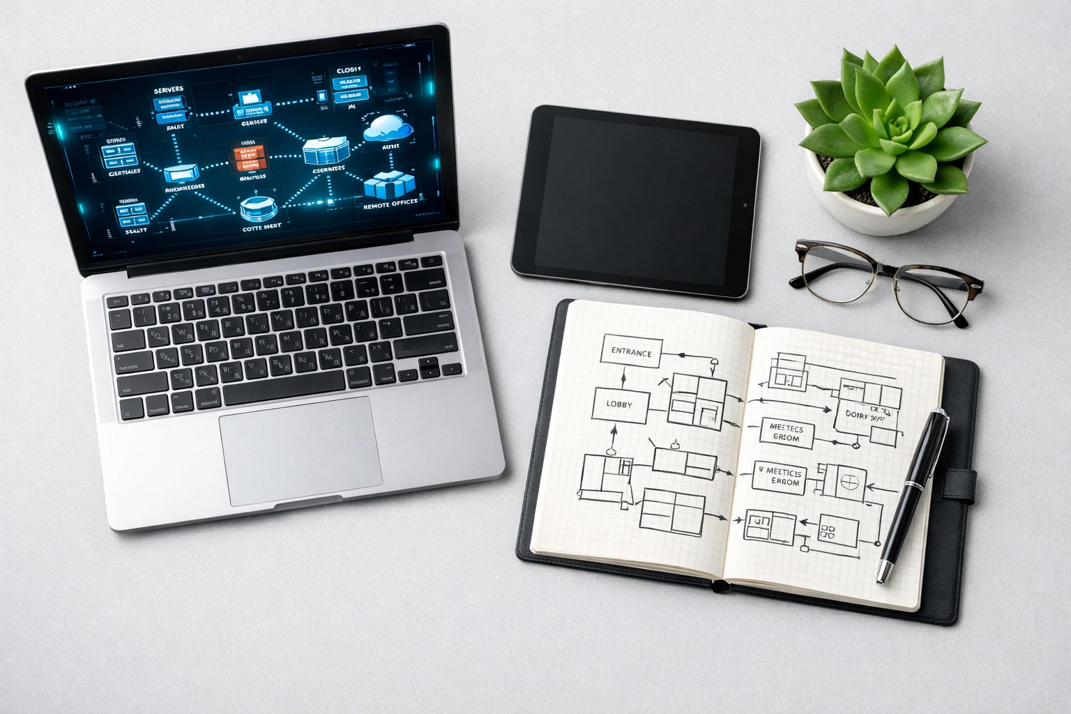 Modern workspace with a laptop showing a ServiceNow ITOM network topology and workflow interface.