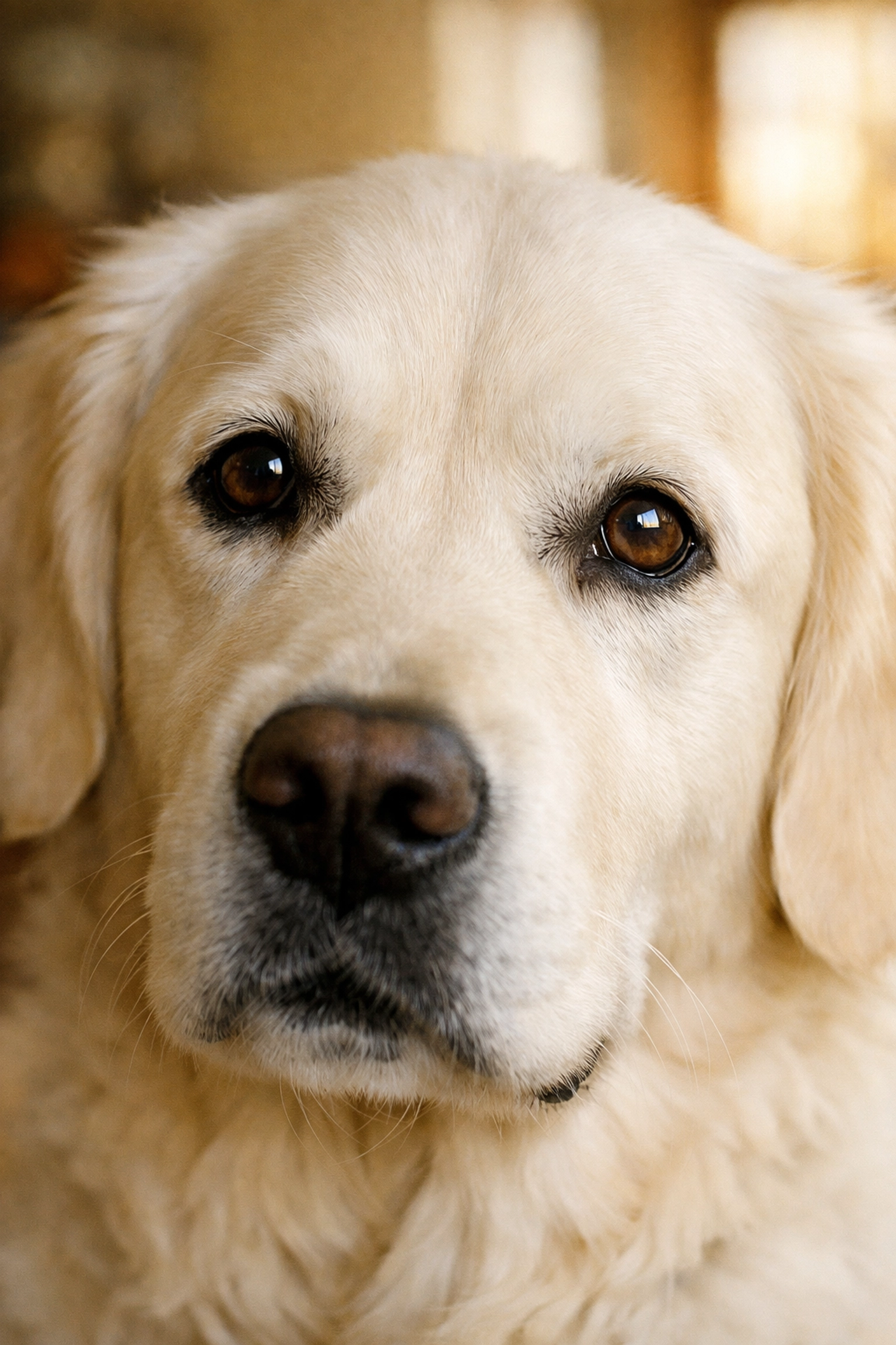 A close-up of a calm temperament Golden Retriever, highlighting the gentle nature bred by NextGen Goldens in Oregon.