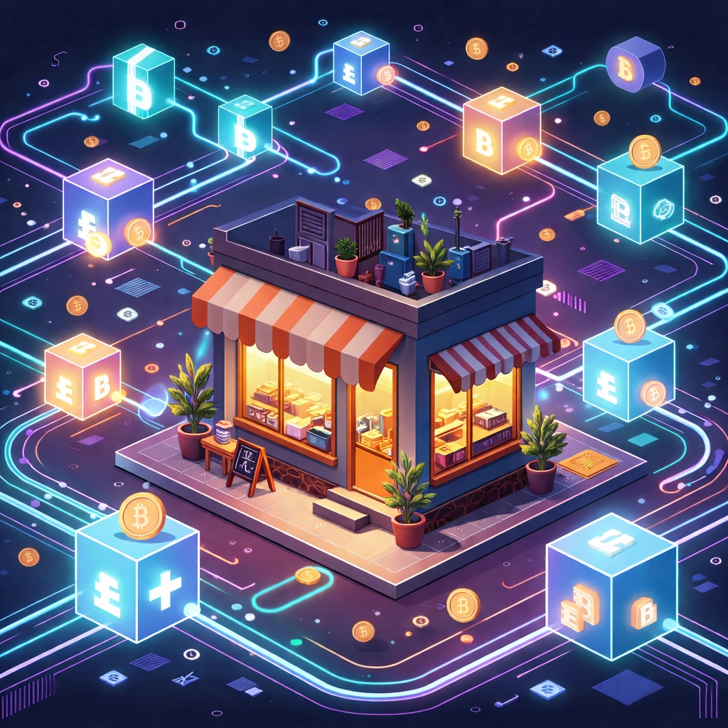 Small business storefront linked to blockchain network, highlighting merchant independence in crypto POS systems