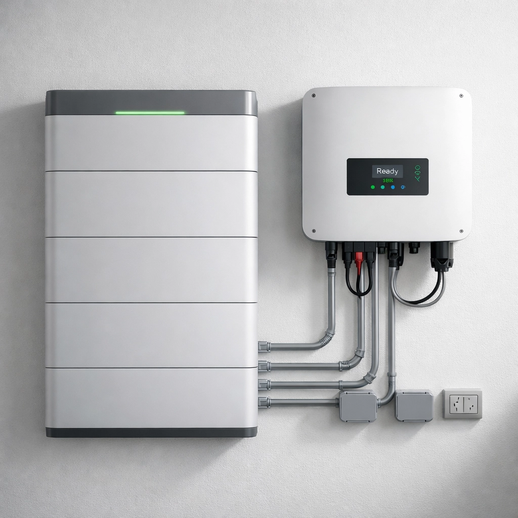 Professional installation of a home battery storage system and inverter with organized wiring.