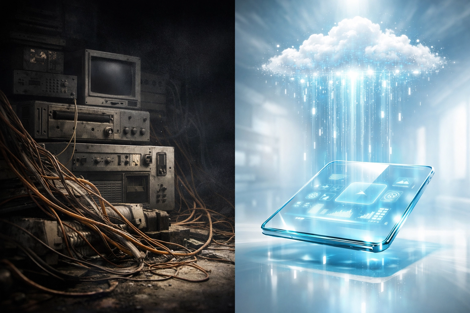 Modern cloud communication tablet replacing old phone wires for better scalability and uptime.