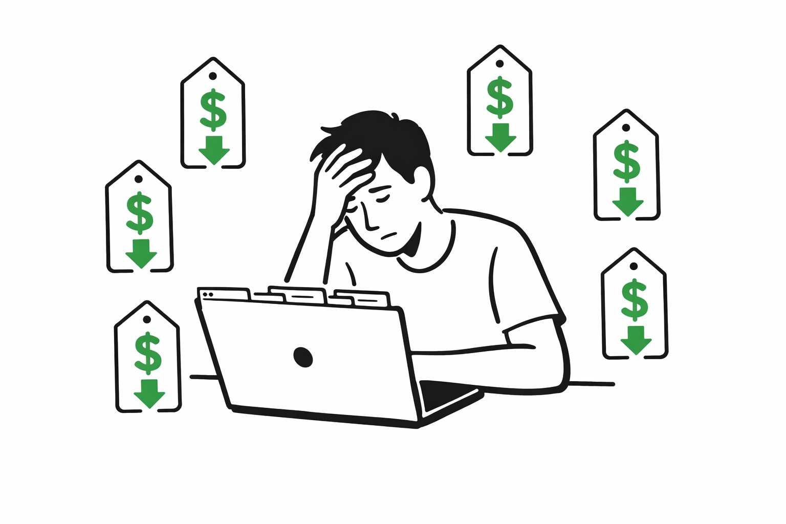 Traveler frustrated by manually tracking flight price drops on laptop with multiple tabs