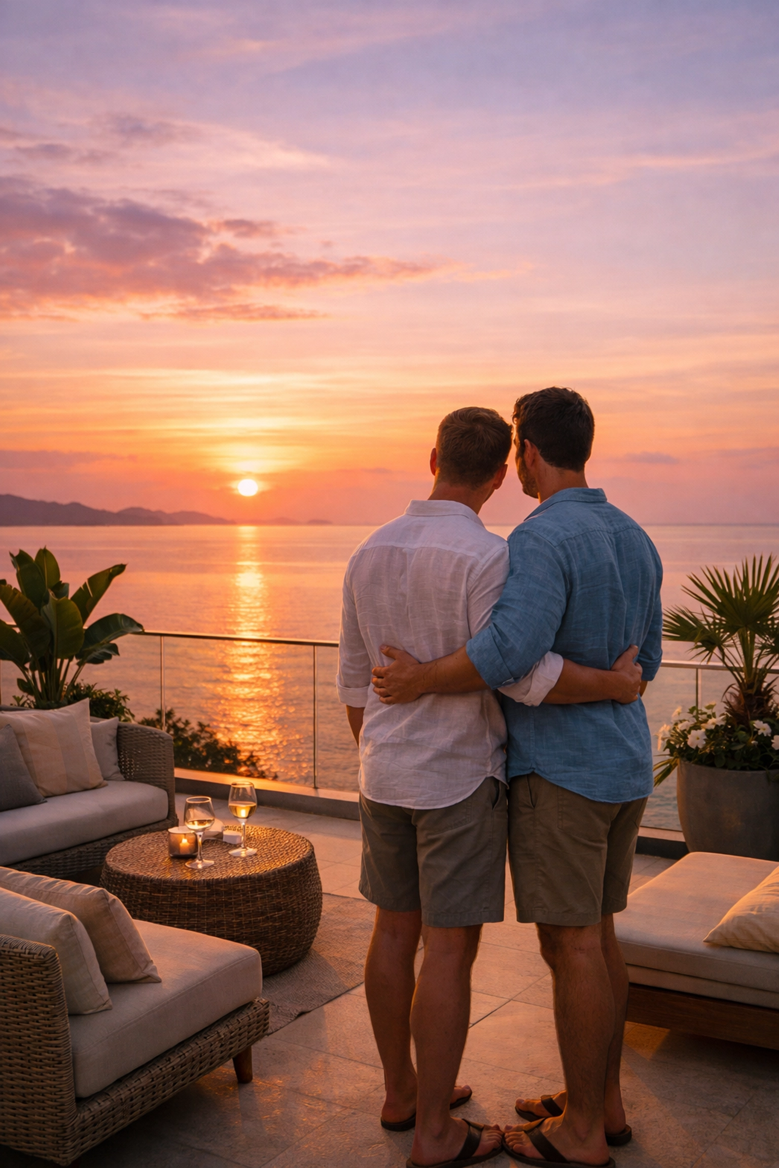 Gay couple enjoying romantic sunset on private Koh Samui villa terrace with ocean views