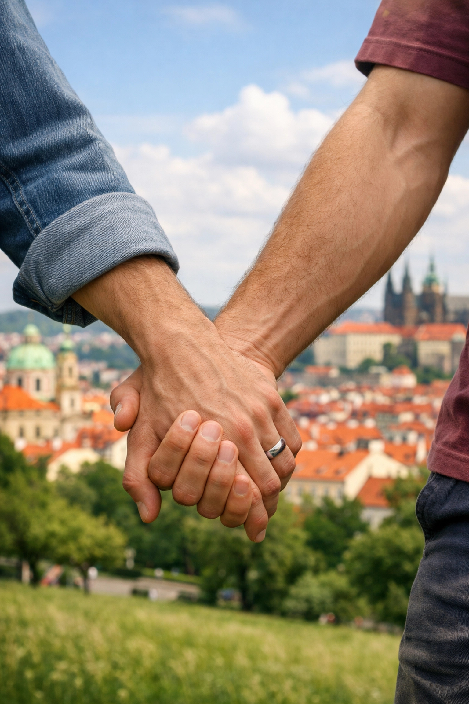 Intertwined hands of a gay couple with a ring in Prague, representing the push for full marriage equality.