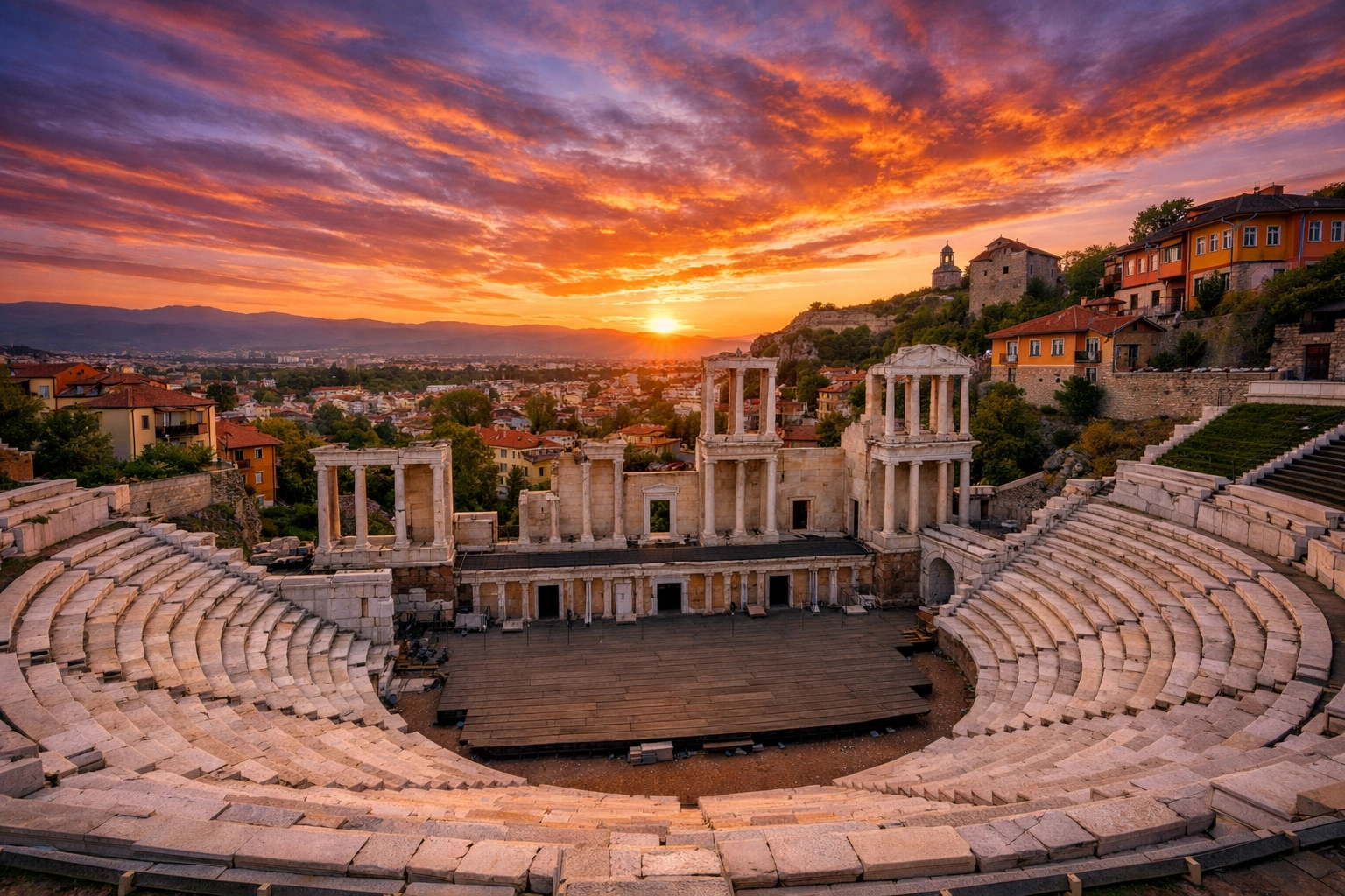 Sunset over the Ancient Roman Theatre of Philippopolis in Plovdiv, Bulgaria’s historic city center.