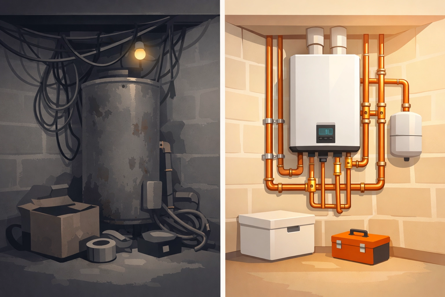 Before and after photo comparison of a plumbing upgrade organized with contractor software.