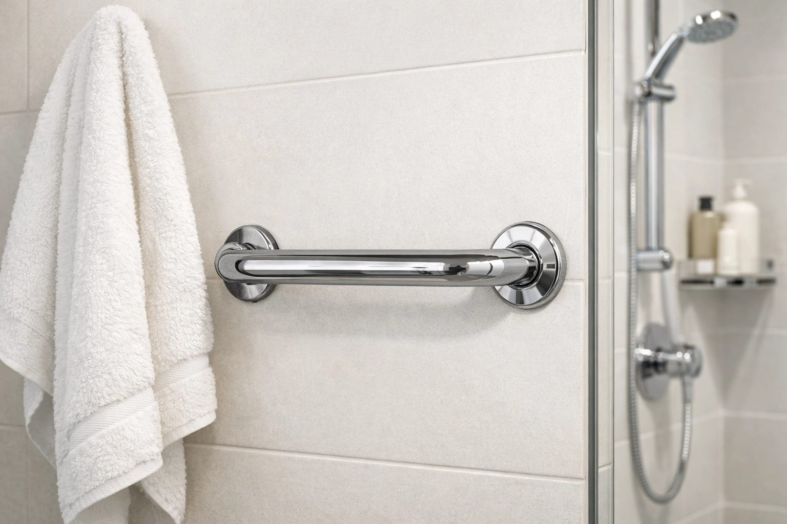 Sleek chrome grab bar installed on bathroom wall for safe entry and exit from a walk-in shower.
