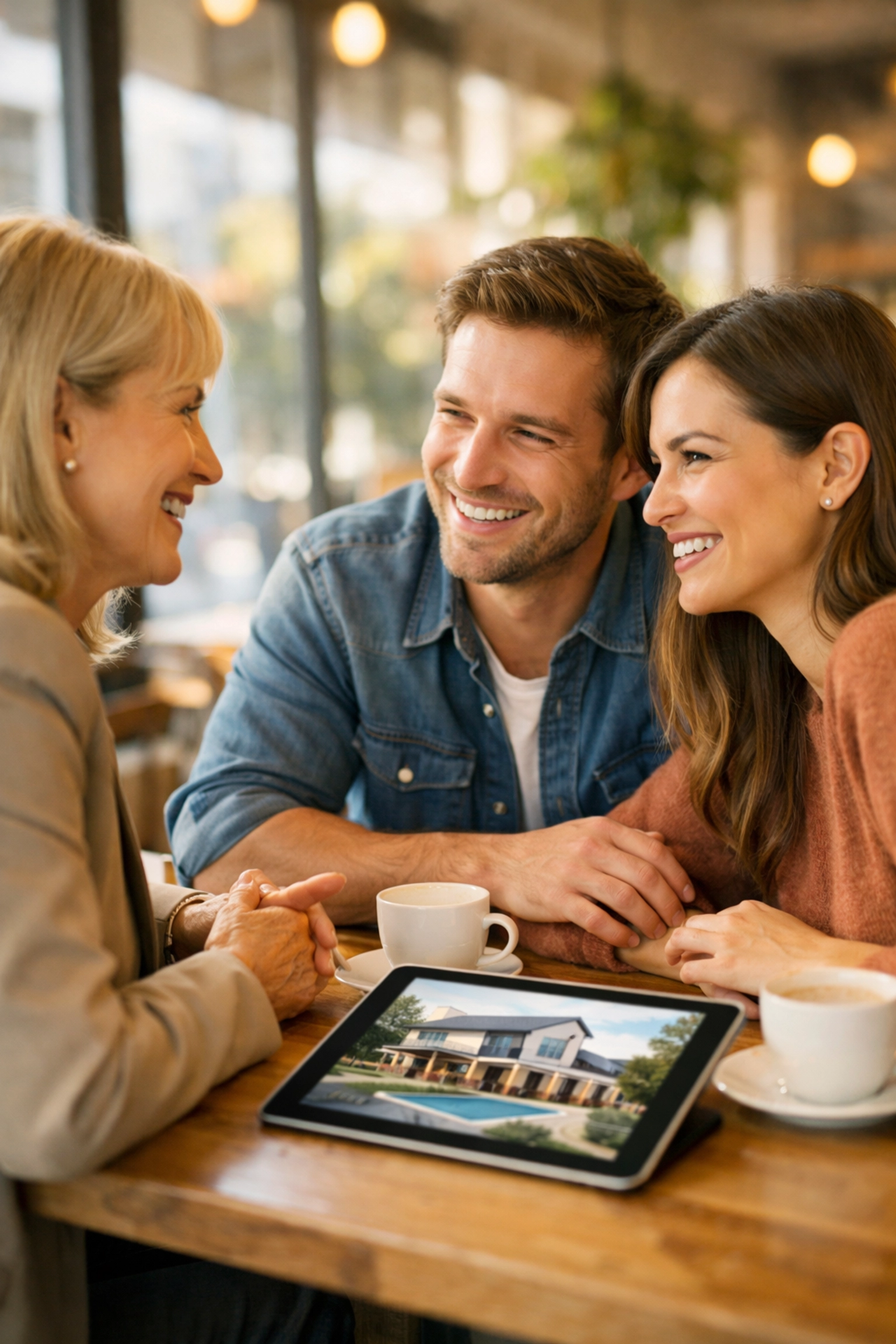 Real estate agent building a genuine relationship with a young couple during a consultation in a cafe.