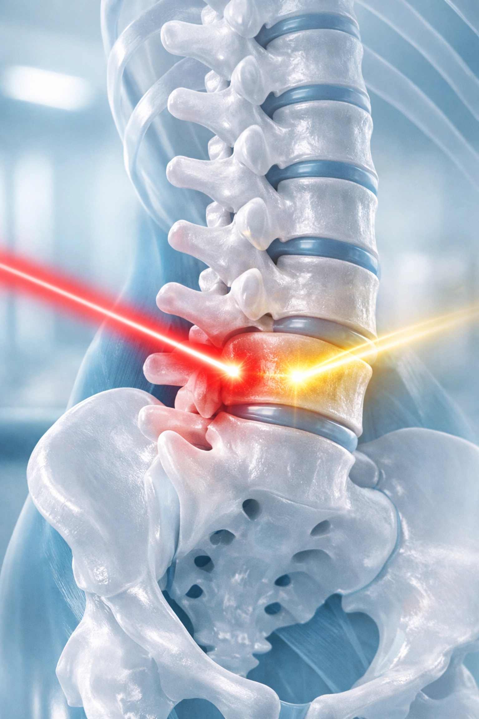 Advanced MLS Laser Therapy light beams penetrating the lumbar spine to heal a spinal disc and relieve low back pain.