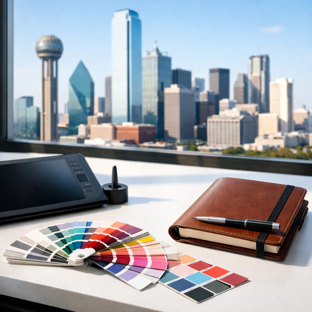 Professional designer workspace with brand color swatches and DFW skyline view.