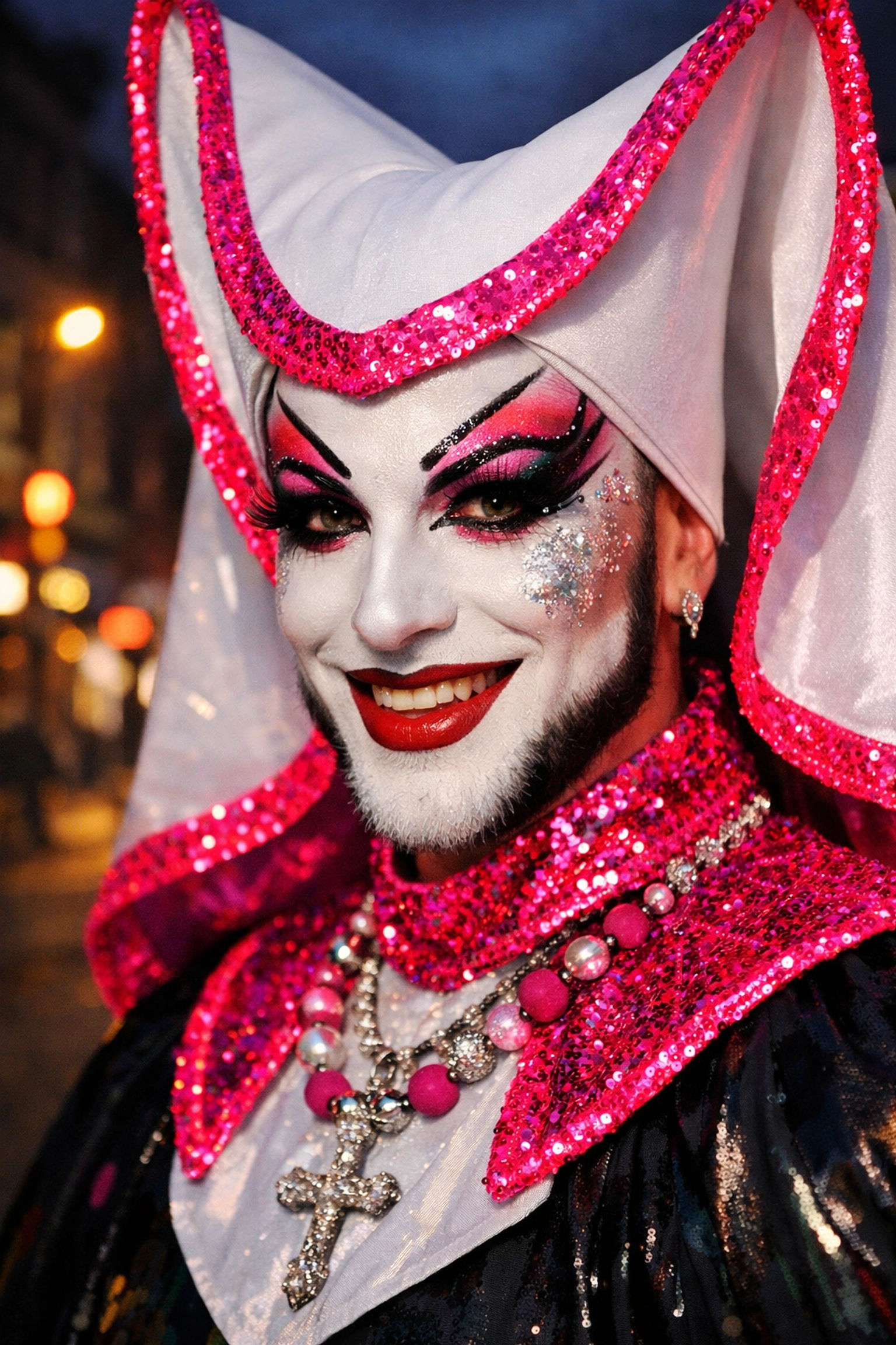 A Sister of Perpetual Indulgence in 1980s Sydney wearing a neon-pink habit and artistic face paint.
